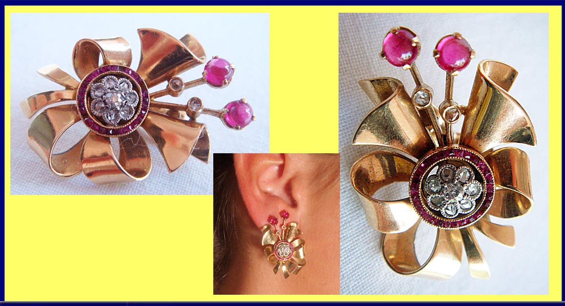 Antique Vintage Retro Earrings French 18k Gold Ruby Diamond (4736)