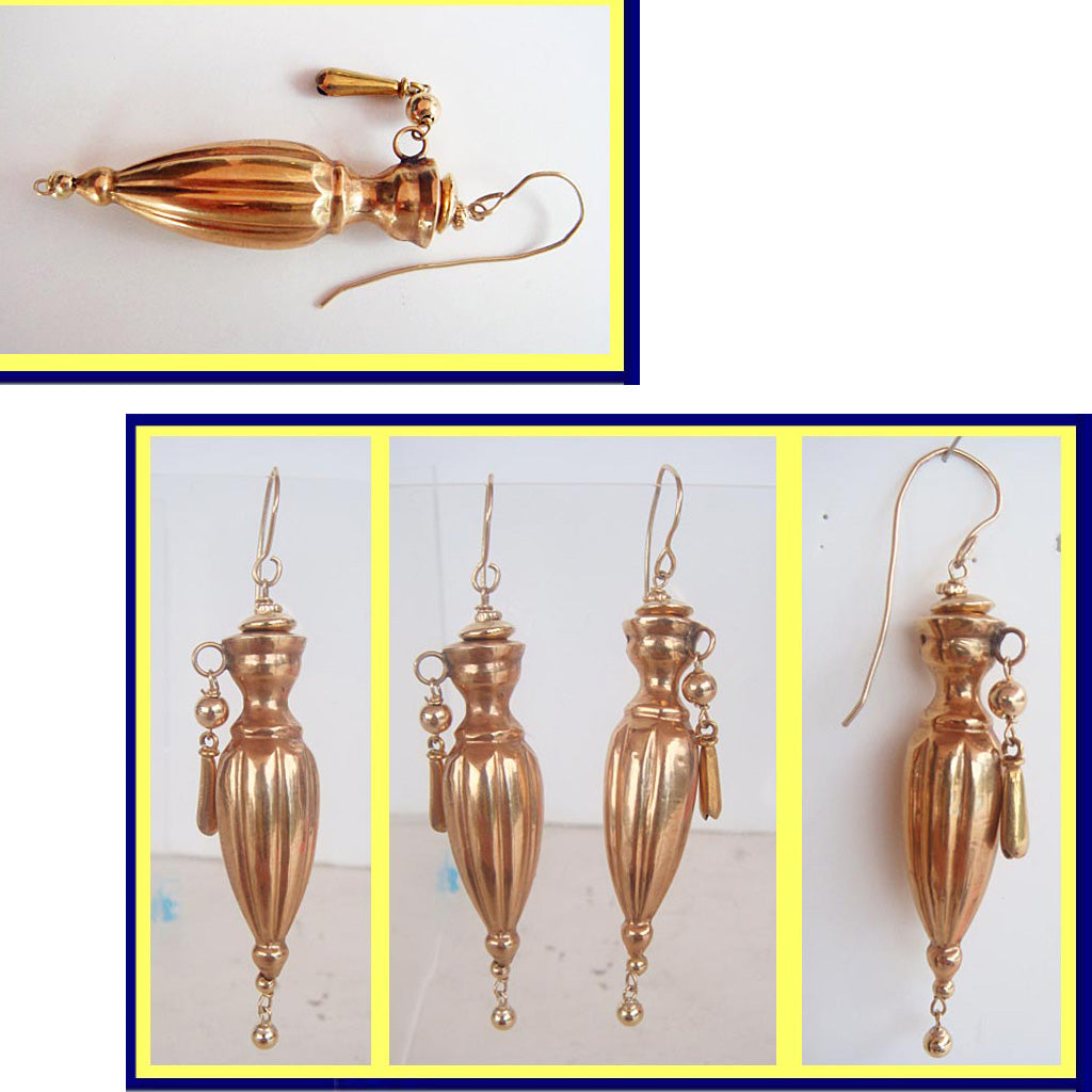 Antique Victorian Earrings long gold Amphora urn drops possibly Dutch (4813)