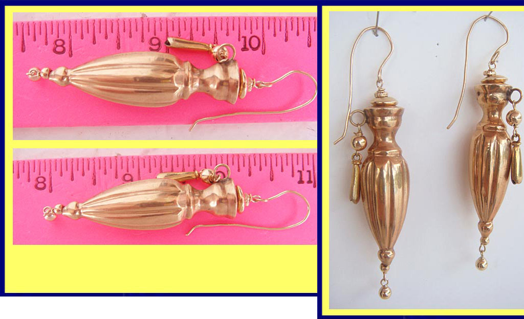 Antique Victorian Earrings long gold Amphora urn drops possibly Dutch (4813)