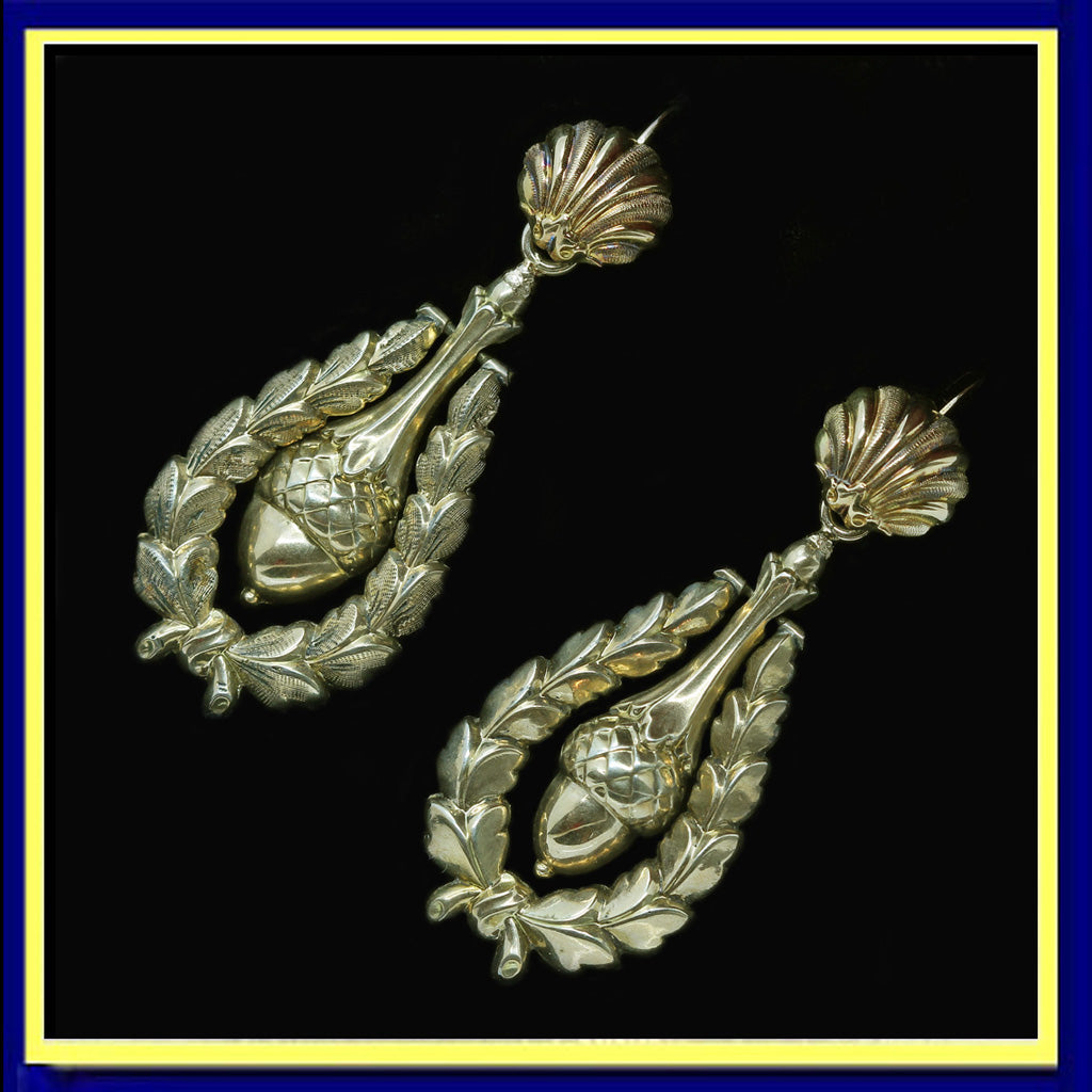 Antique Victorian Earrings 14k Gold acorn ear pendants Day Night Top Drop (4815)