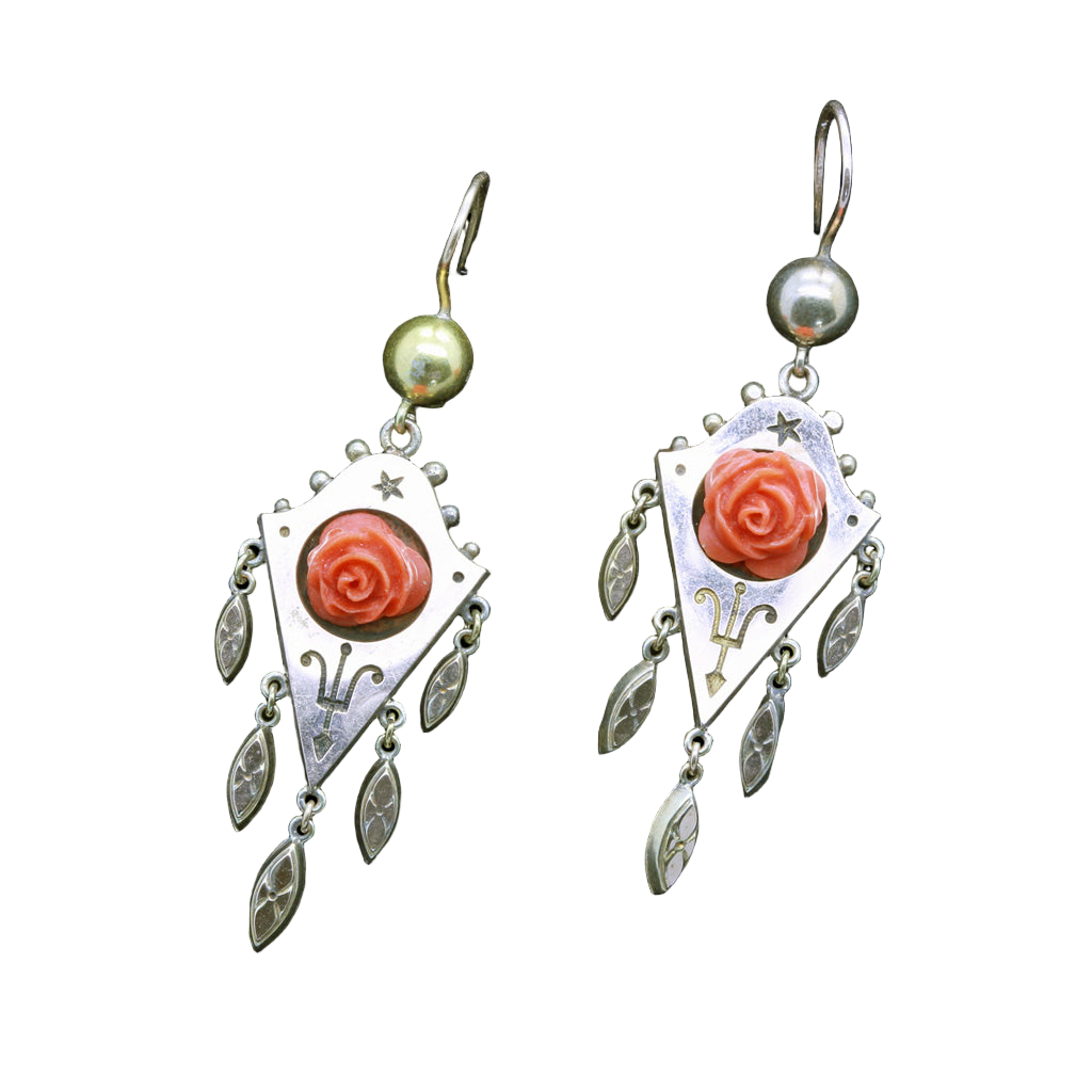 Antique Victorian Earrings Gold Drops w Dangles & Carved Crl Roses (5025)
