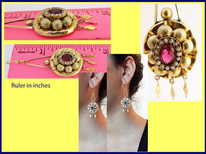 Antique Victorian Earrings 14k Gold Pearls antique Paste Long Ear Pendants (5138)