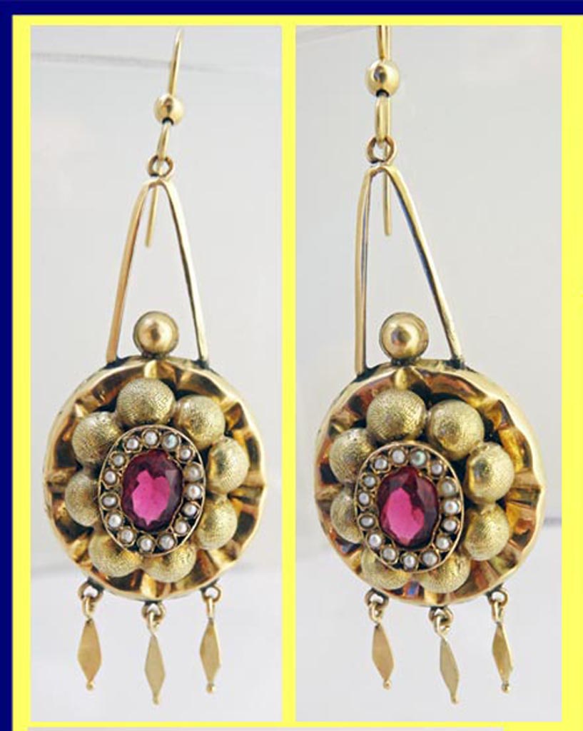 Antique Victorian Earrings 14k Gold Pearls antique Paste Long Ear Pendants (5138)