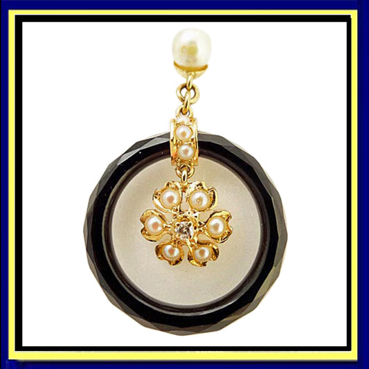 Antique Art Deco Earrings Gold Diamond Pearl Dangling Flowers Onyx Hoops (5191)