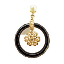 Antique Art Deco Earrings Gold Diamond Pearl Dangling Flowers Onyx Hoops (5191)