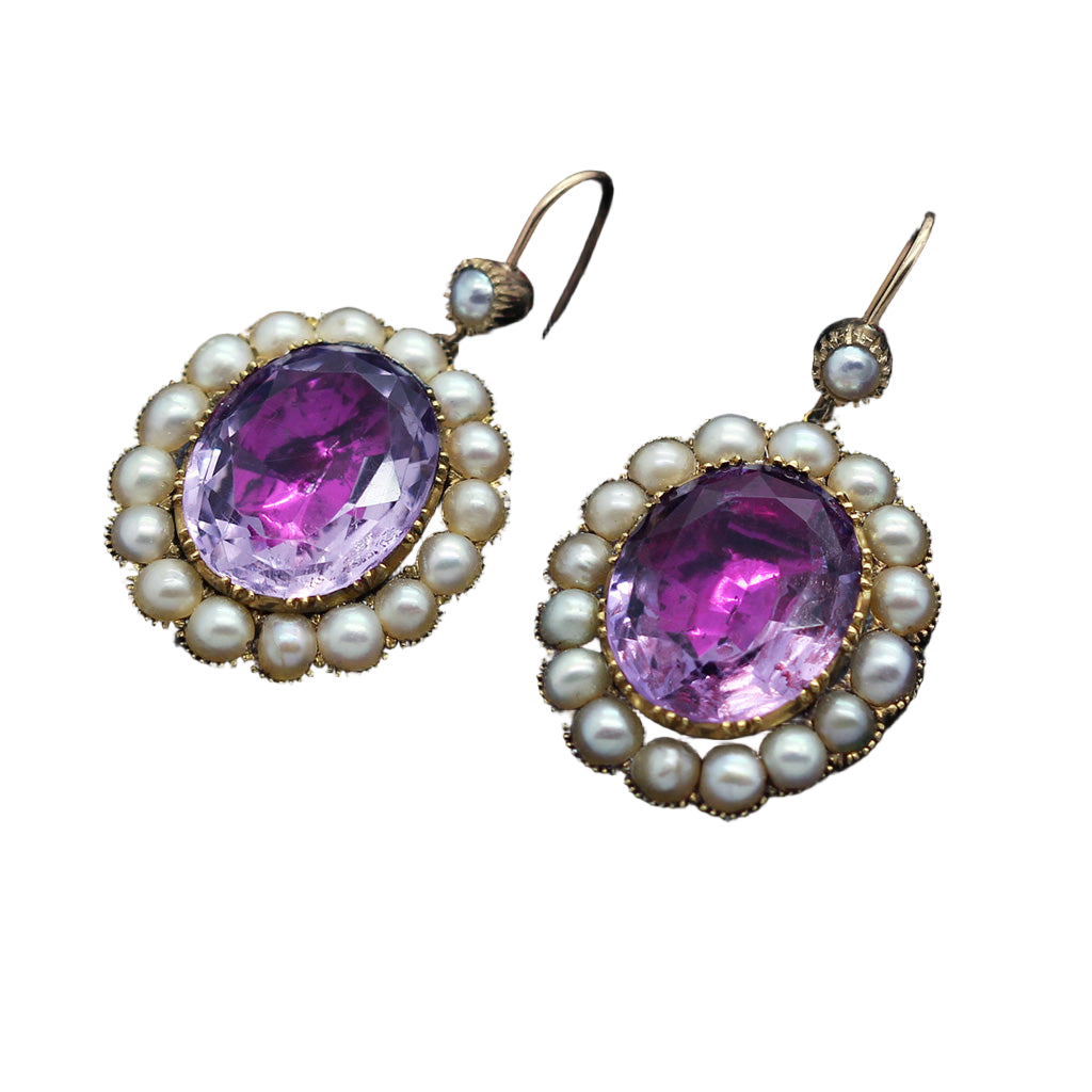 Antique Georgian Earrings Amethysts Pearls 15ct Gold Drop close backed (5381)