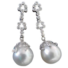South Sea Pearl Earrings Diamonds Gold Platinum Long Dangles