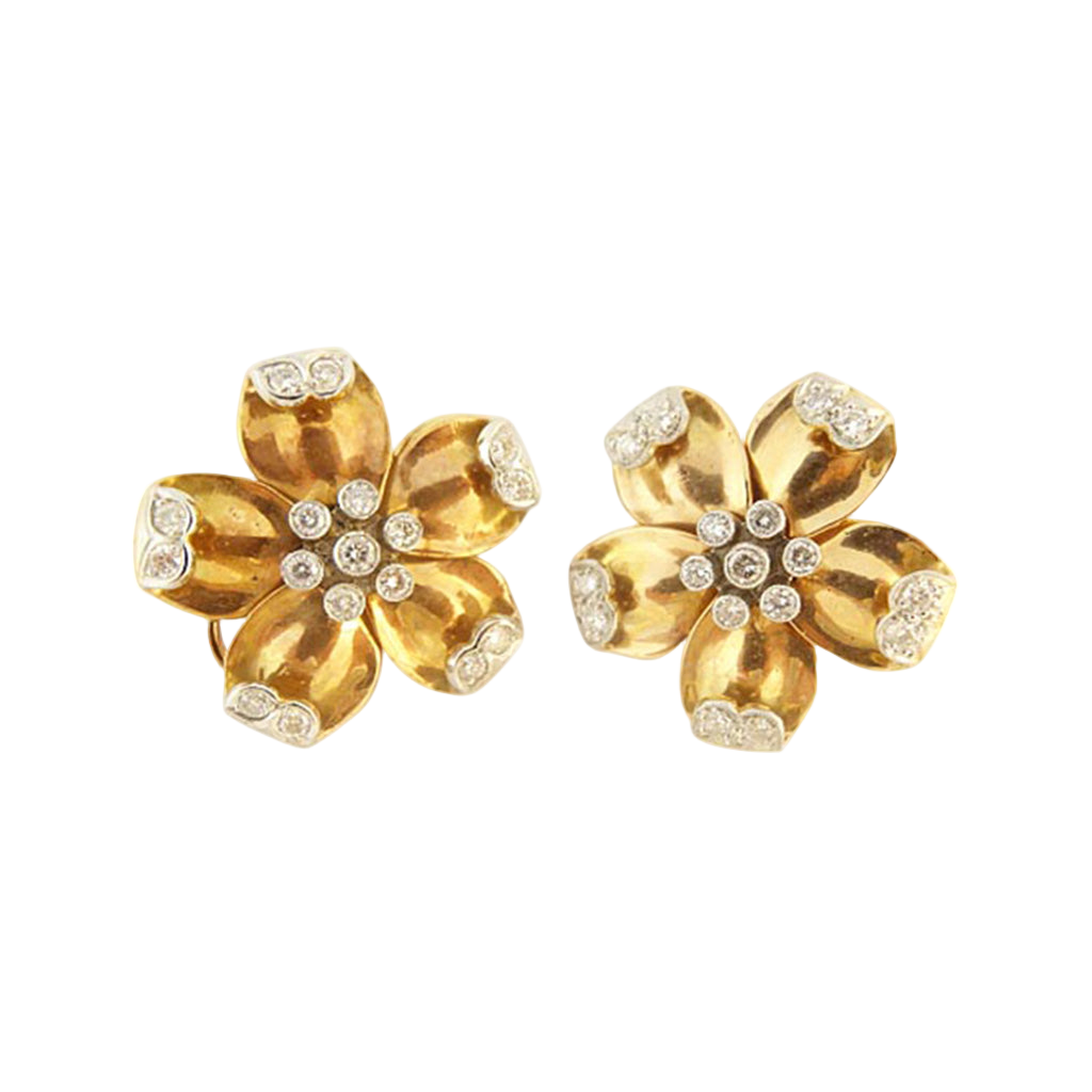 Vintage Earrings Ear Clips Retro18k Gold Diamonds Flowers w Appraisal (5494)