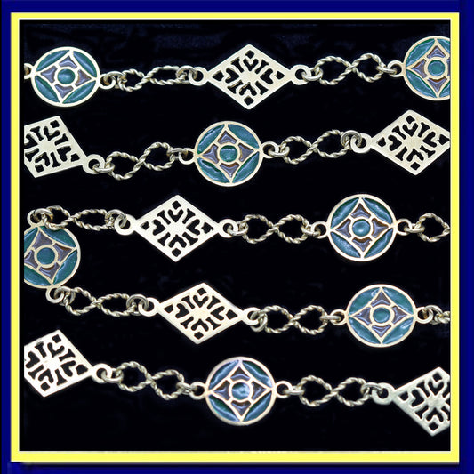 Antique Art Nouveau long gold chain Necklace w Plique a Jour Enamel (4786)