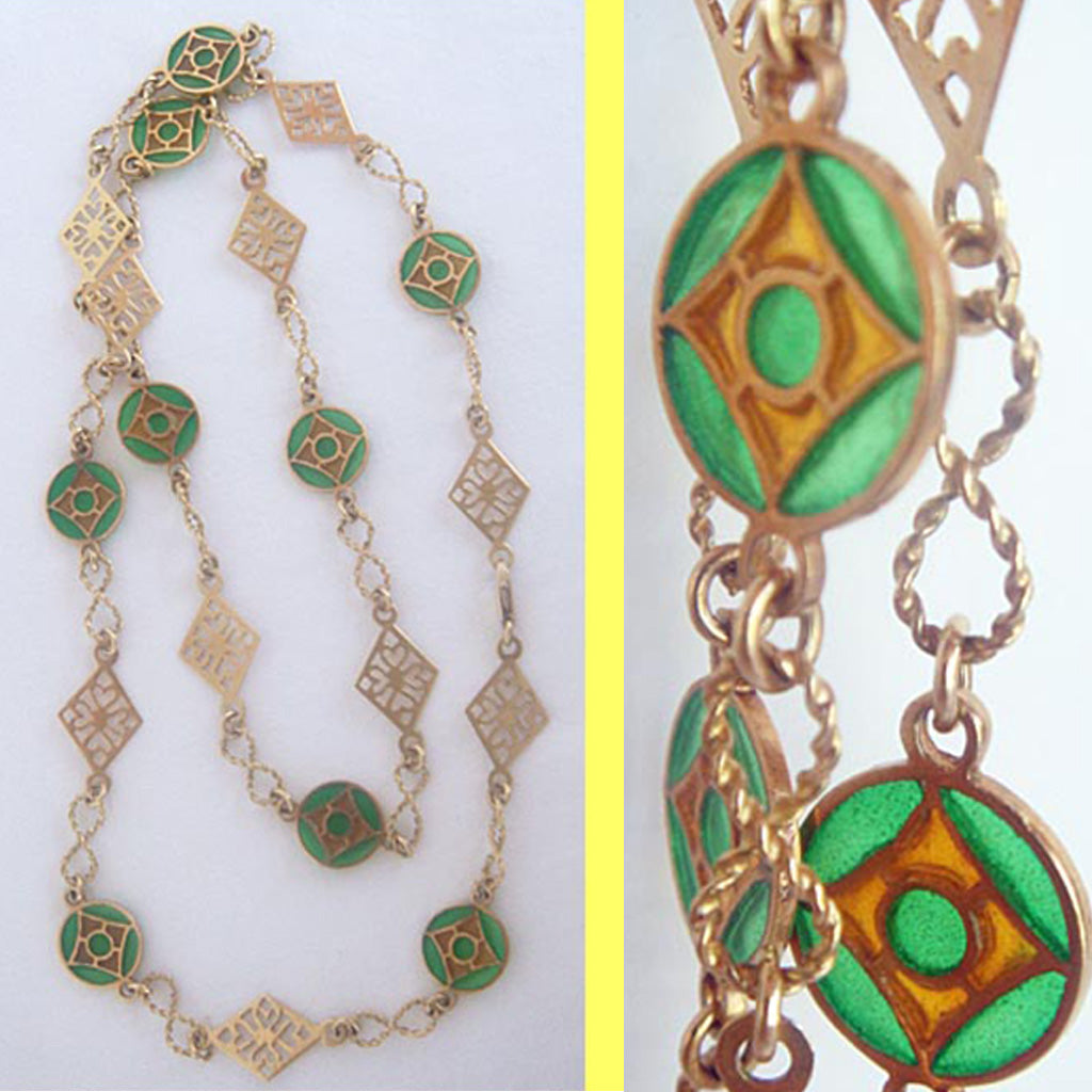 Antique Art Nouveau long gold chain Necklace w Plique a Jour Enamel (4786)