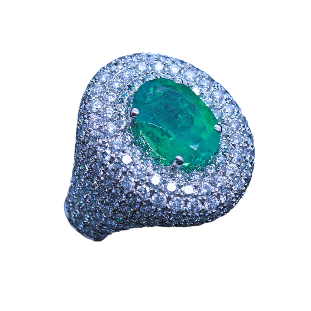 Vintage Ring 3ct Diamonds 2.18 ct  Emerald 18k White Gold Big w Appraisal (4804)