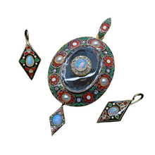 Holbeinesque Antique Victorian Jewelry Set Pendant Earrings Gold Diamond Opal Pearl Enamel (4877)