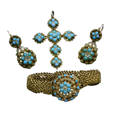 Antique Georgian Jewelry Set Gold Cannetille Turquoise Earrings Cross (5432)