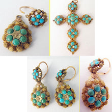 Antique Georgian Jewelry Set Gold Cannetille Turquoise Earrings Cross (5432)