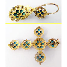 Antique Georgian Jewelry Set Gold Cannetille Turquoise Earrings Cross (5432)