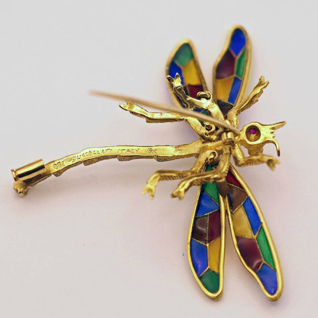 Buccellati Dragonfly Brooch Plique-à-jour  Enamel 18k Gold Italy Vintage (5657)