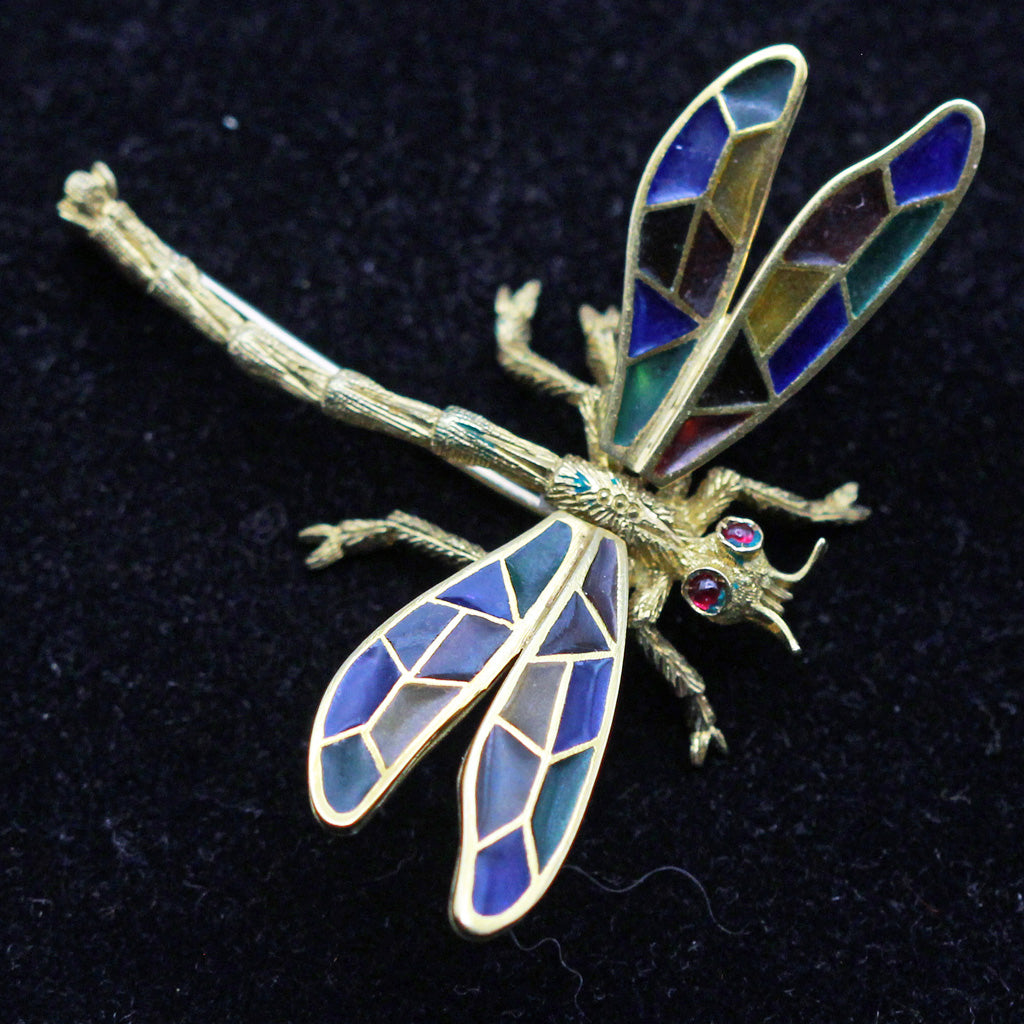 Buccellati Dragonfly Brooch Plique-à-jour  Enamel 18k Gold Italy Vintage (5657)