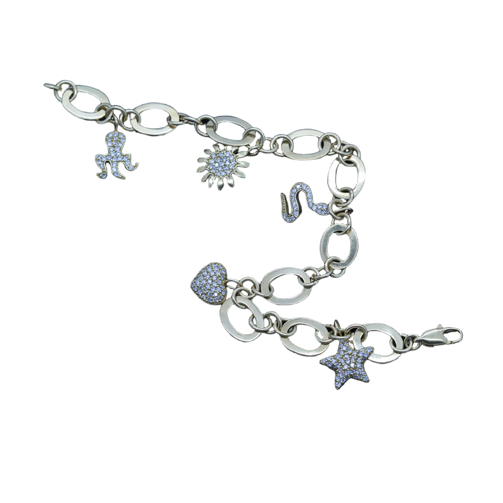 Vintage Charm Bracelet Gold Diamonds Retro Snake Octopus Heart w Appraisal(5584)