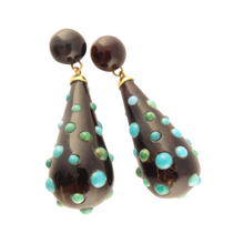 Antique Earrings Ear Pendants Gold w cabochon Turquoise Bubbles (5601)