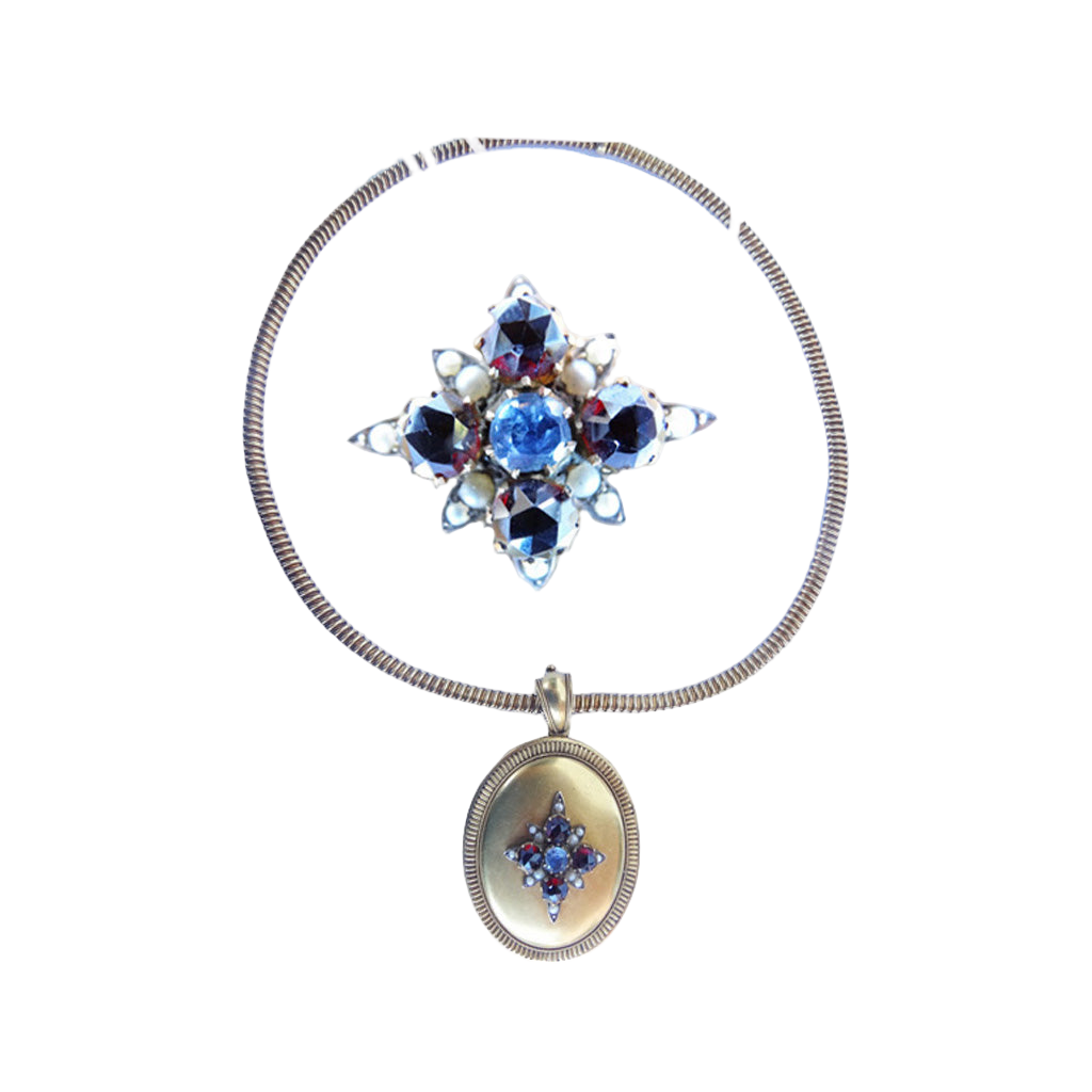 Antique Victorian Necklace Pendant Locket Gold Garnet Sapphire Pearl (5699)