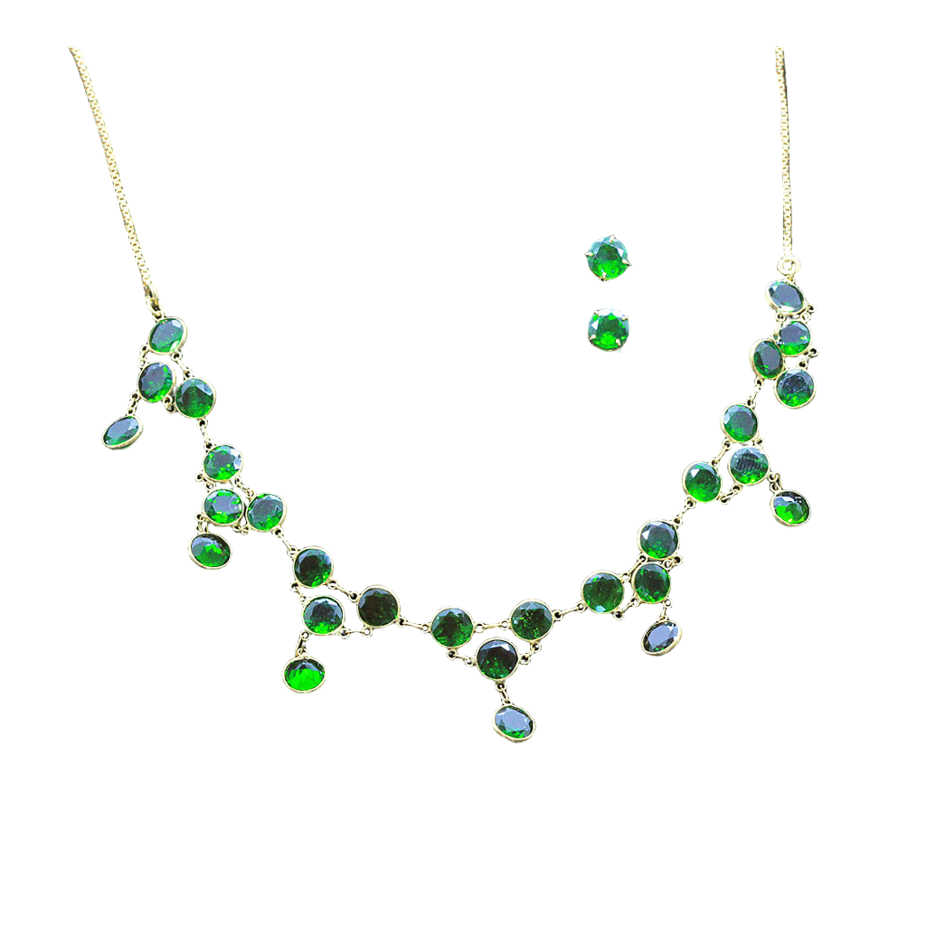 Natural Diopside Green Gem Gold Necklace Earrings Ear Stud Set Modern (5587)