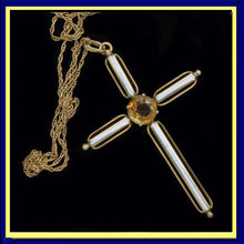 Antique Vintage 14k Gold Enamel Citrine Christian Cross Pendant Necklace