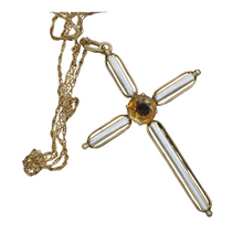 Antique Vintage 14k Gold Enamel Citrine Christian Cross Pendant Necklace (5533)