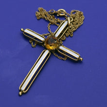 Antique Vintage 14k Gold Enamel Citrine Christian Cross Pendant Necklace (5533)