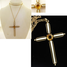 Antique Vintage 14k Gold Enamel Citrine Christian Cross Pendant Necklace (5533)