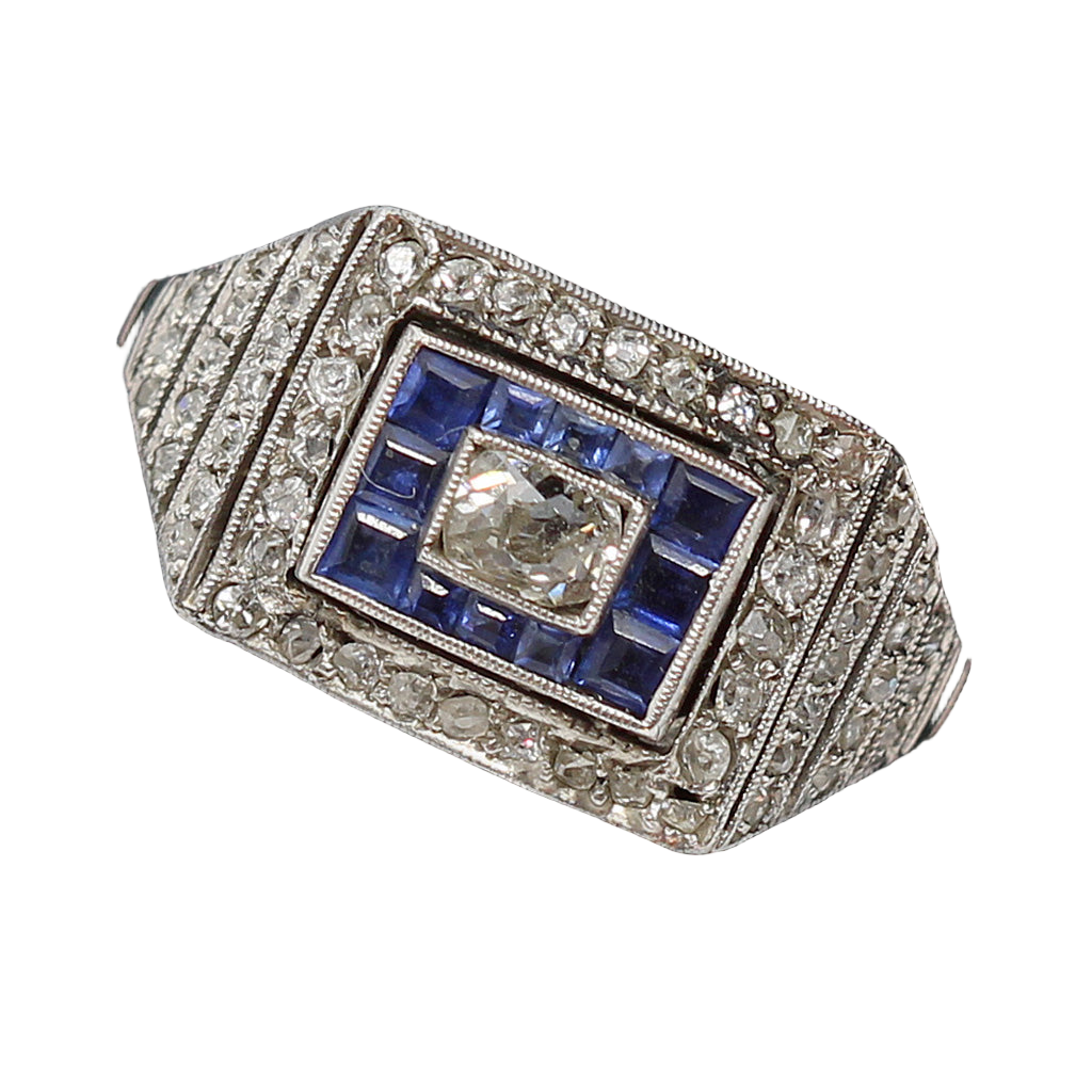 Antique Art Deco Ring Diamonds Sapphires Platinum Engagement w appraisal (5684)