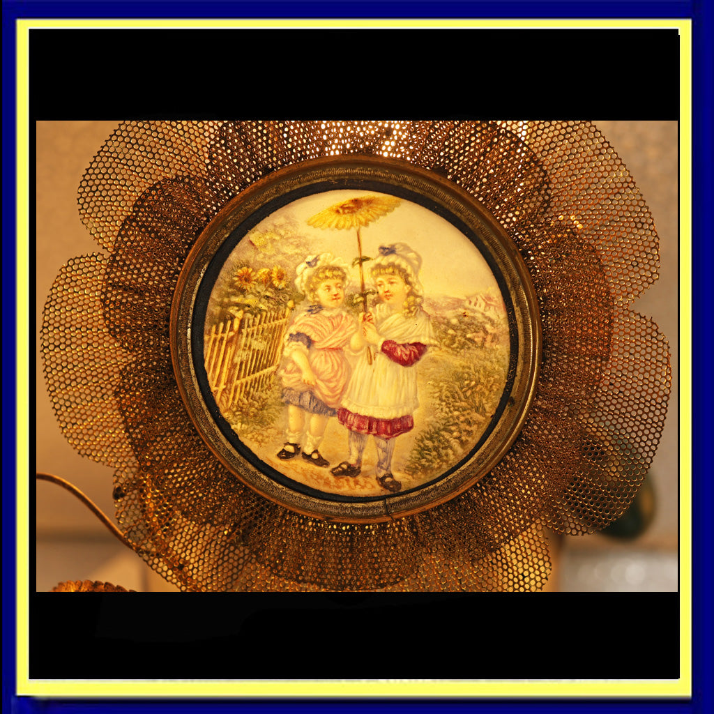 RARE Antique Victorian Lithopane Cottage Scene Children Gilt flower Frame (2111)
