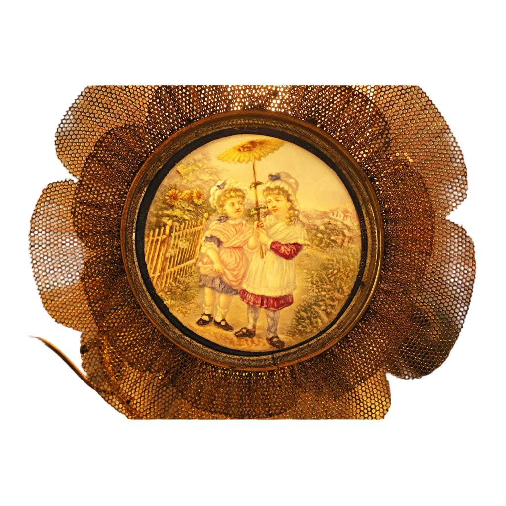 RARE Antique Victorian Lithopane Cottage Scene Children Gilt flower Frame (2111)