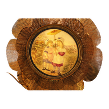 RARE Antique Victorian Lithopane Cottage Scene Children Gilt flower Frame (2111)