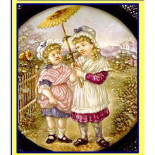 RARE Antique Victorian Lithopane Cottage Scene Children Gilt flower Frame (2111)