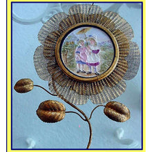 RARE Antique Victorian Lithopane Cottage Scene Children Gilt flower Frame (2111)