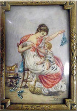 Antique miniature portrait woman child playing French toy rocking horse (3117)