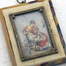 Antique miniature portrait woman child playing French toy rocking horse (3117)