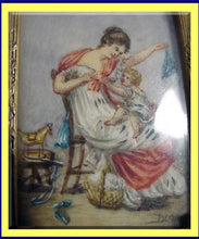 Antique miniature portrait woman child playing French toy rocking horse (3117)