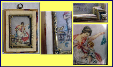 Antique miniature portrait woman child playing French toy rocking horse (3117)