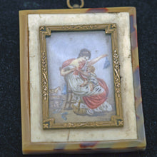 Antique miniature portrait woman child playing French toy rocking horse (3117)
