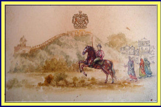 Antique Miniature Painting British Raj in India Horseman Gold Coat of Arms