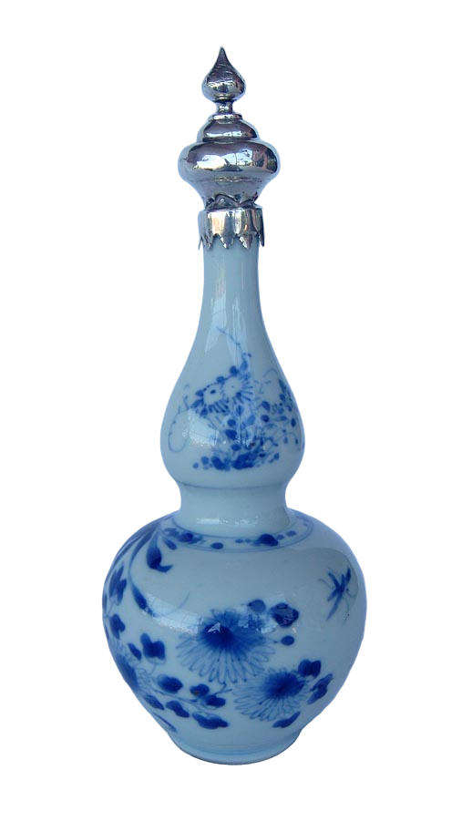 Antique Chinese blue white porcelain bottle vase w Dutch silver lid 19C (4048)