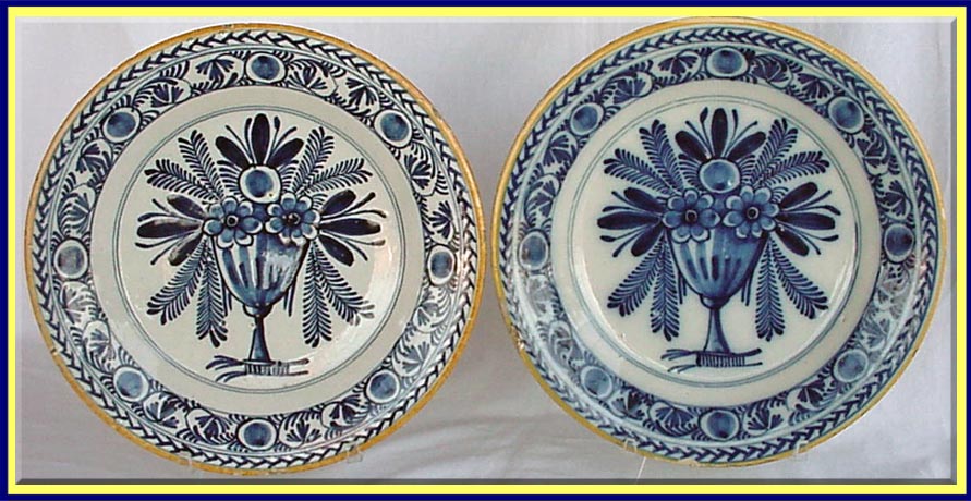 Antique Georgian pair Dutch Delft plates blue white faience tin glazed
