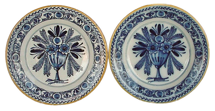 Antique Georgian pair Dutch Delft plates blue white faience tin glazed (2887)