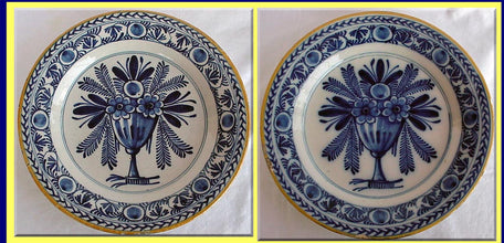 Antique Georgian pair Dutch Delft plates blue white faience tin glazed (2887)