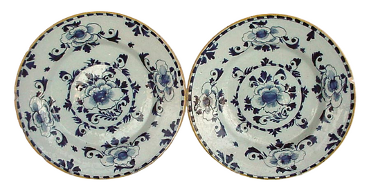 Antique Georgian pair Dutch Delft plates faience blue and white tin glaze (2886)