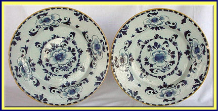 Antique Georgian pair Dutch Delft plates faience blue and white tin glaze