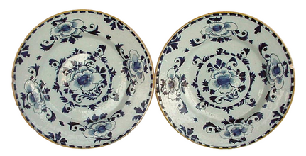 Antique Georgian pair Dutch Delft plates faience blue and white tin glaze (2886)