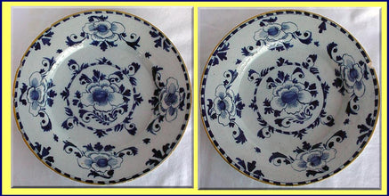 Antique Georgian pair Dutch Delft plates faience blue and white tin glaze (2886)
