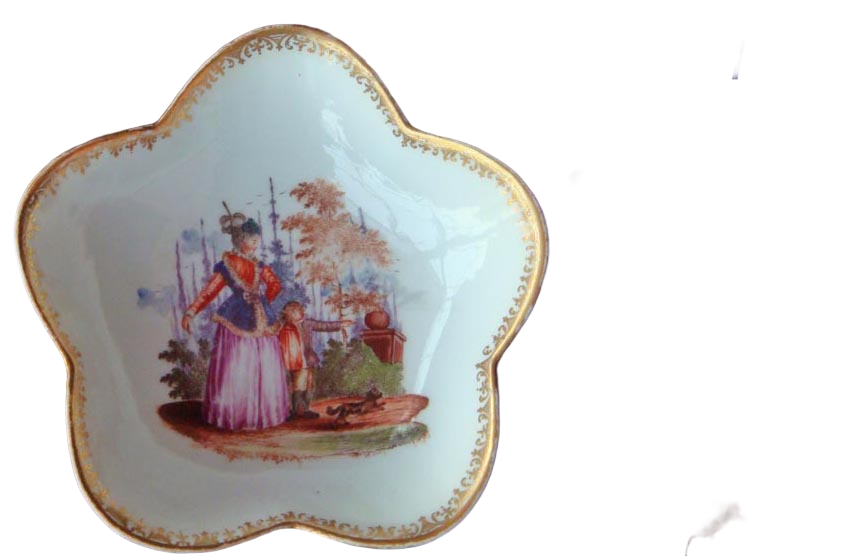 Antique Meissen porcelain Bowl HP Mother Child Dog in Garden (1011)